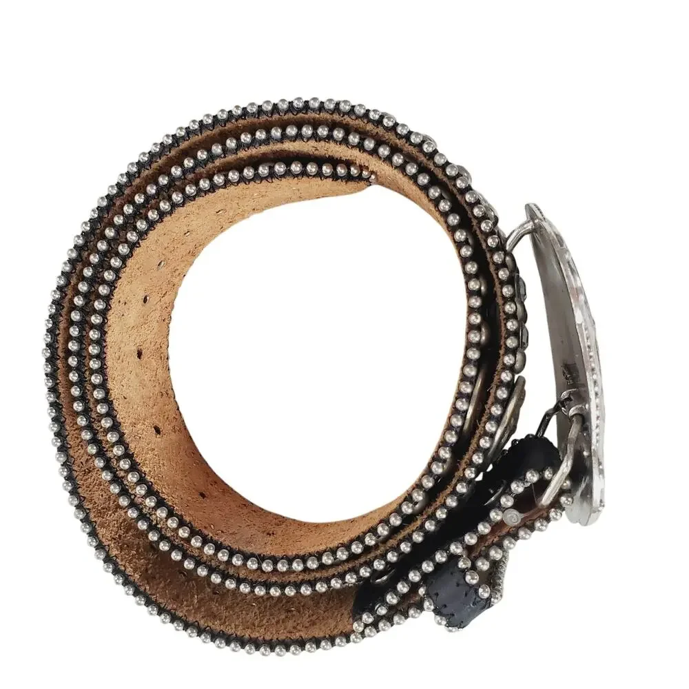 Vintage Women's Leather Belt Detailed Rhinestone Flower Studded Black & Silver